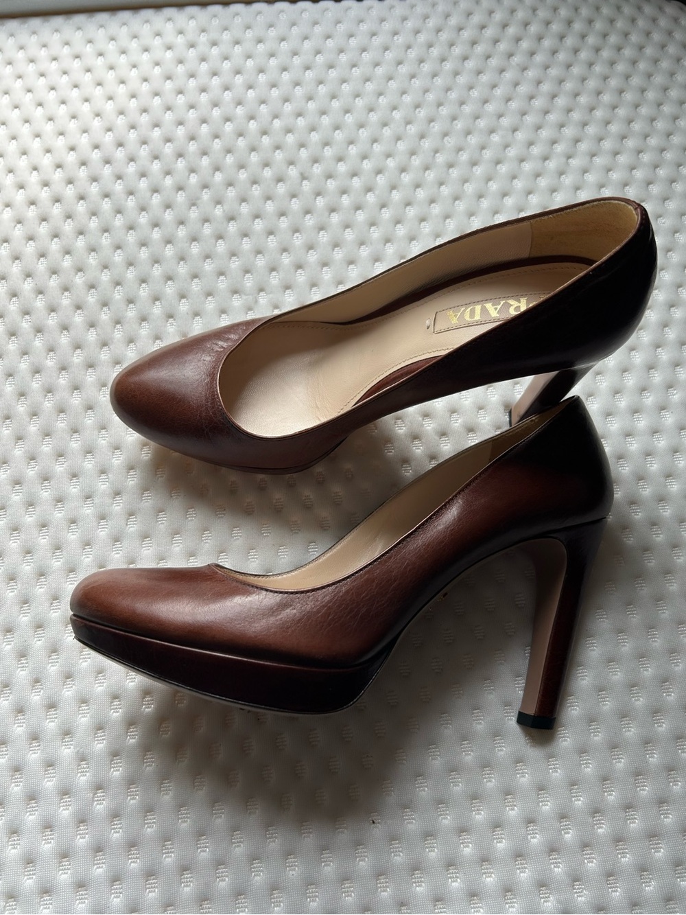 PRADA Brown Leather Platform Round Toe Logo Slip On Pumps EU 38 US 8